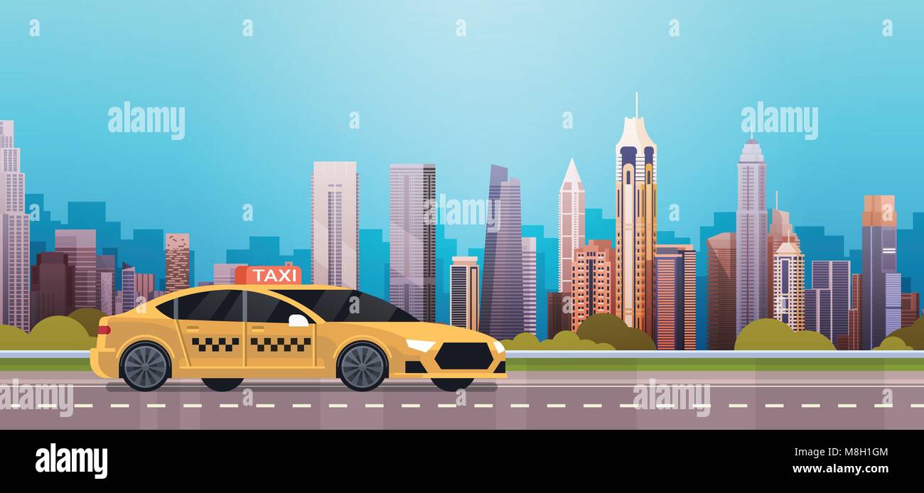 Une voiture de taxi cab jaune sur la route sur fond de ville moderne Illustration de Vecteur