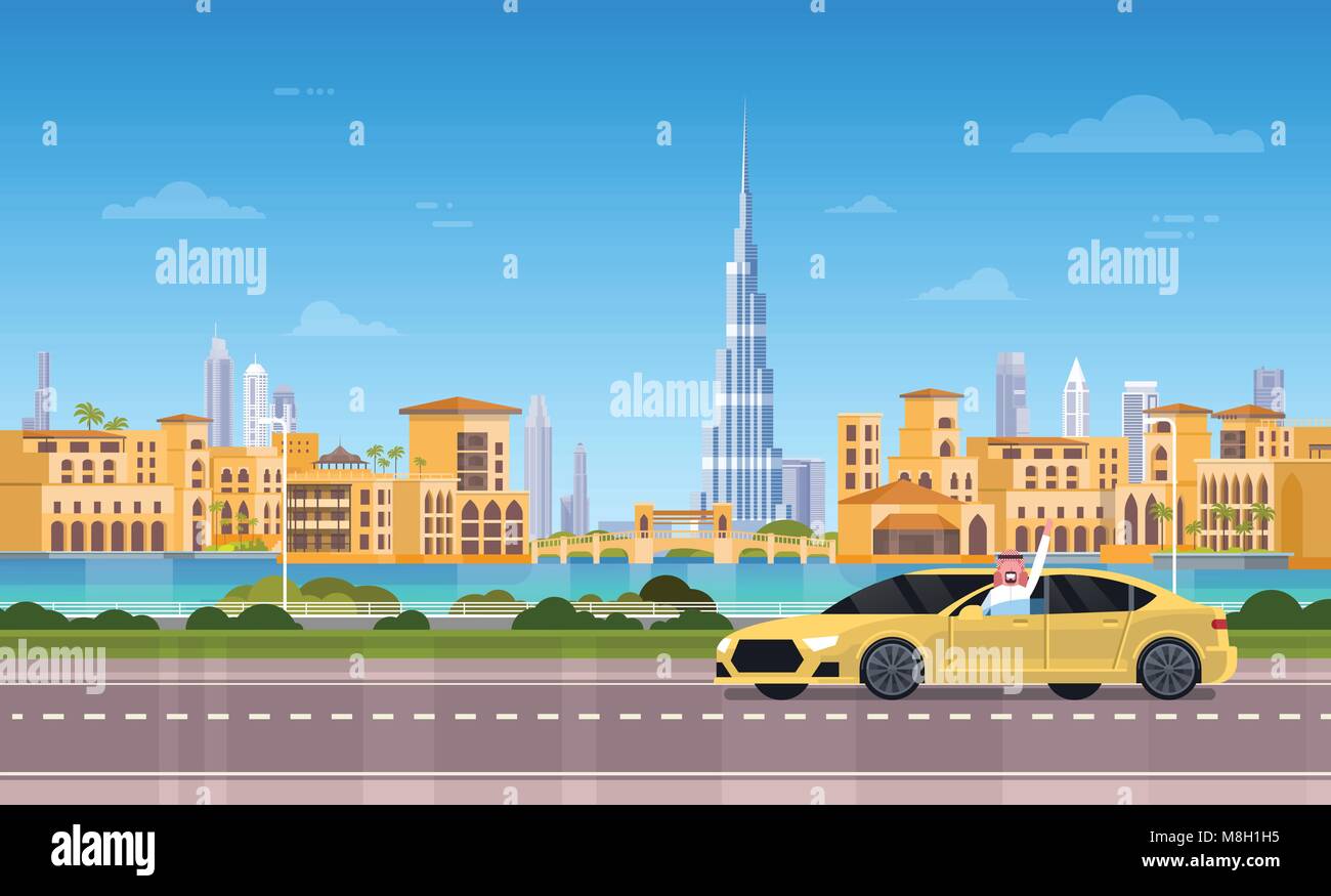 Voiture taxi jaune sur la route sur la ville de Dubaï en arrière-plan Illustration de Vecteur