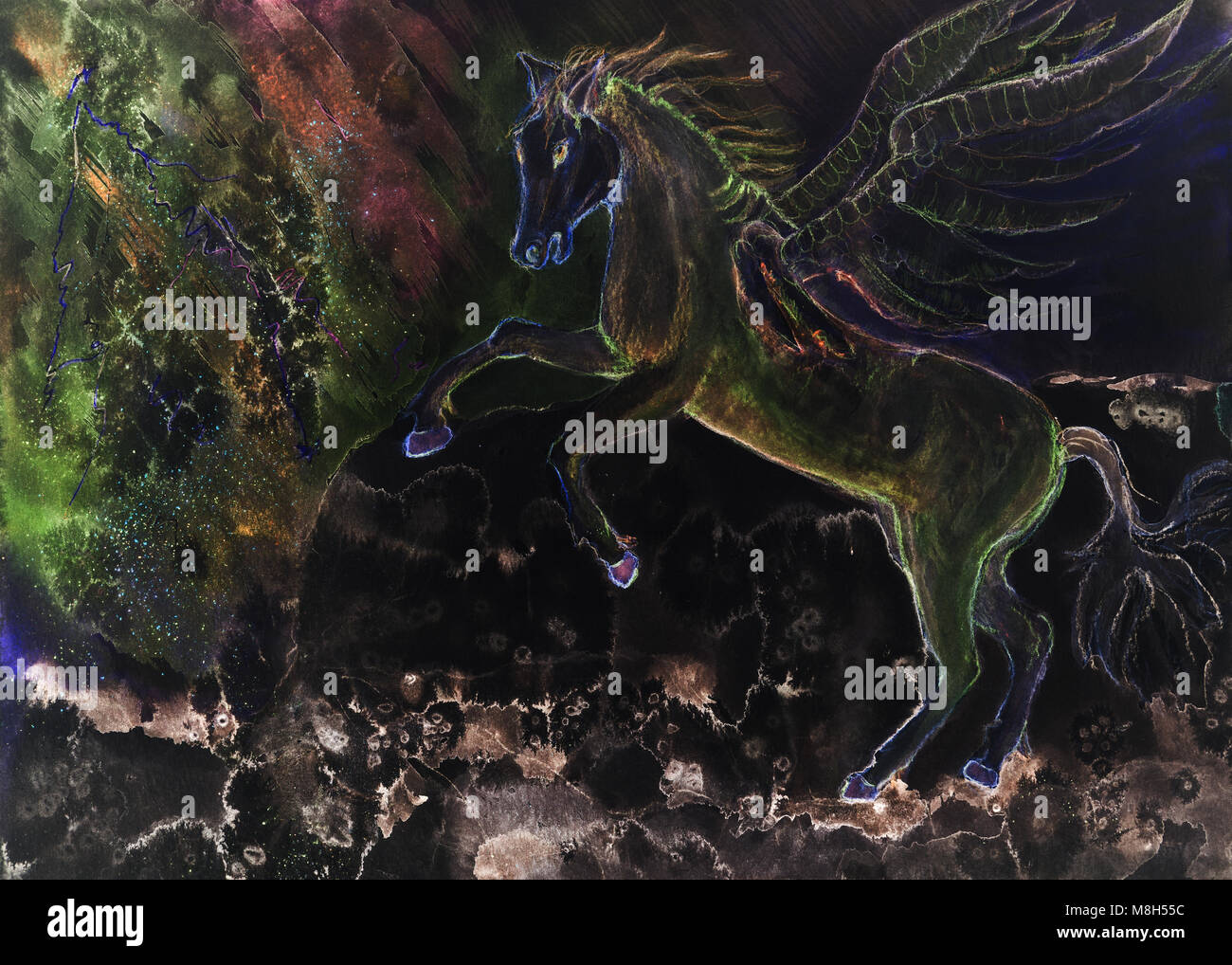 Cheval cabré psychédélique avec des ailes. La technique du badigeonnage près des bords donne un effet de flou en raison de la modification de la rugosité de la plage centenaire Banque D'Images