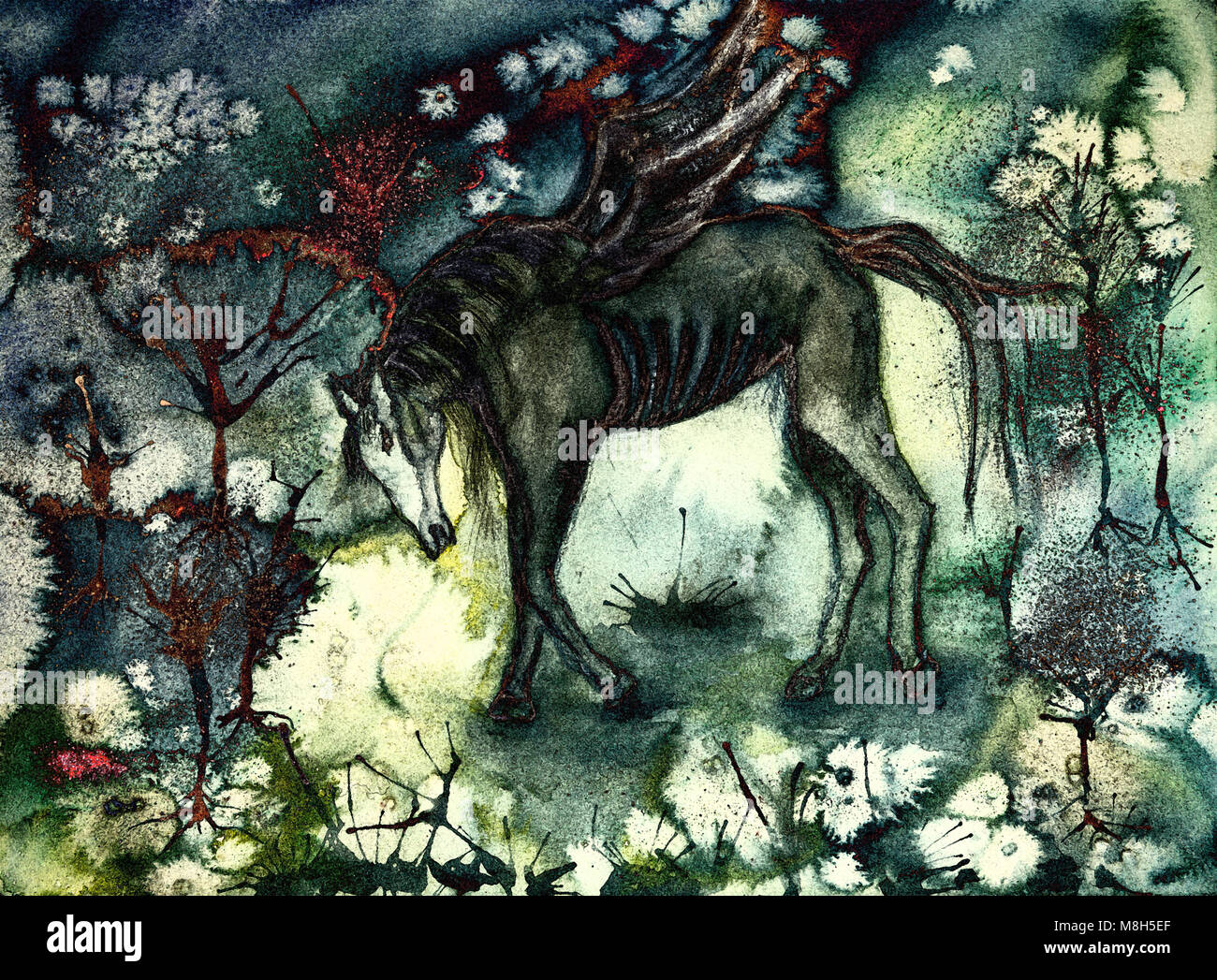 Épuisé cheval noir dans le paysage désolé. La technique du badigeonnage près des bords donne un effet de flou en raison de la modification de la rugosité de t Banque D'Images