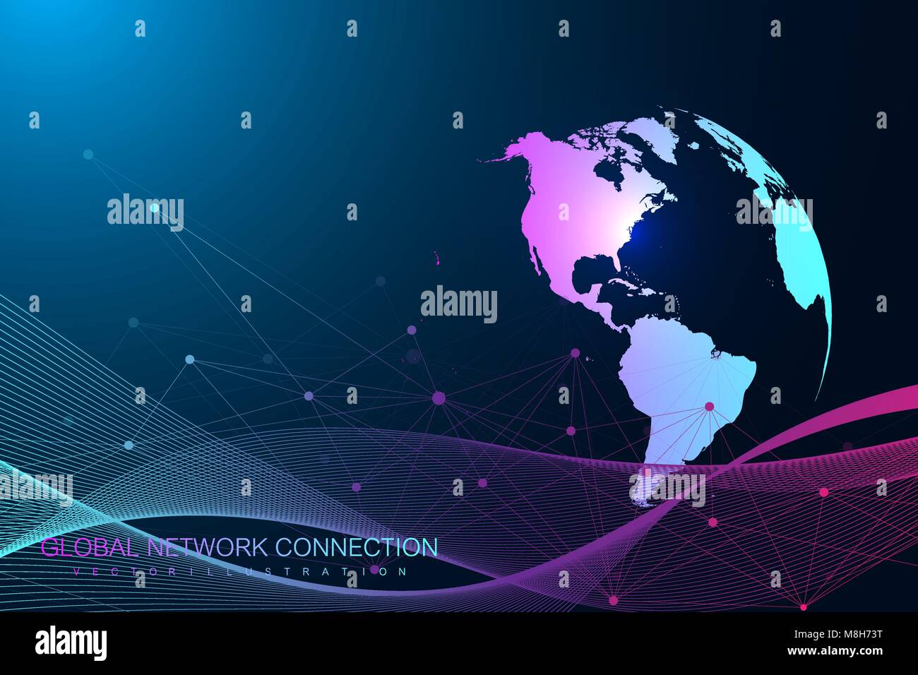 Connexion au réseau mondial. L'échange de données et réseau grand sur la planète terre dans l'espace. L'économie mondiale. Vector Illustration. Illustration de Vecteur