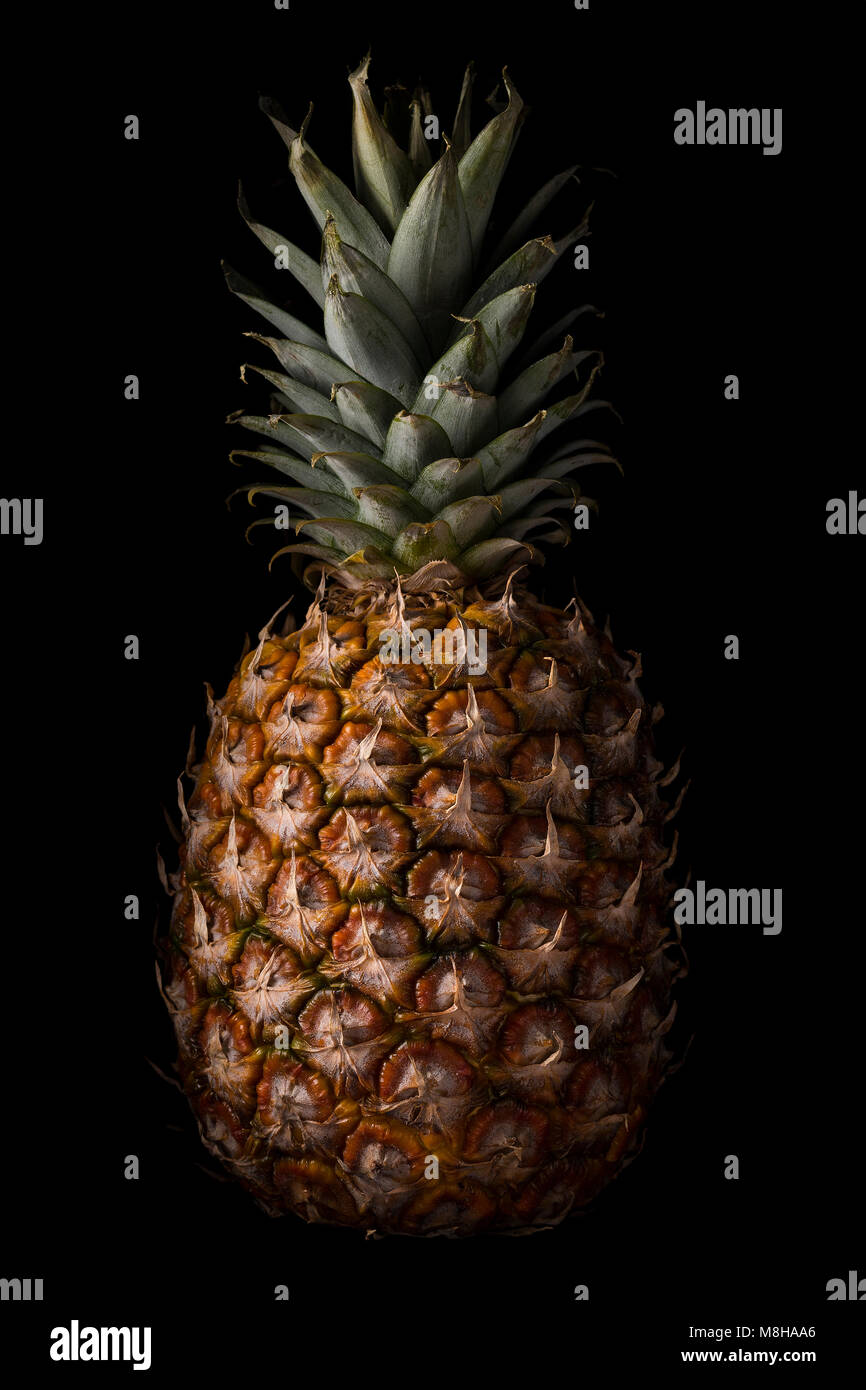 Close-up shot of ripe ananas jaune avec texture Peel et à feuilles vertes sur fond noir Banque D'Images