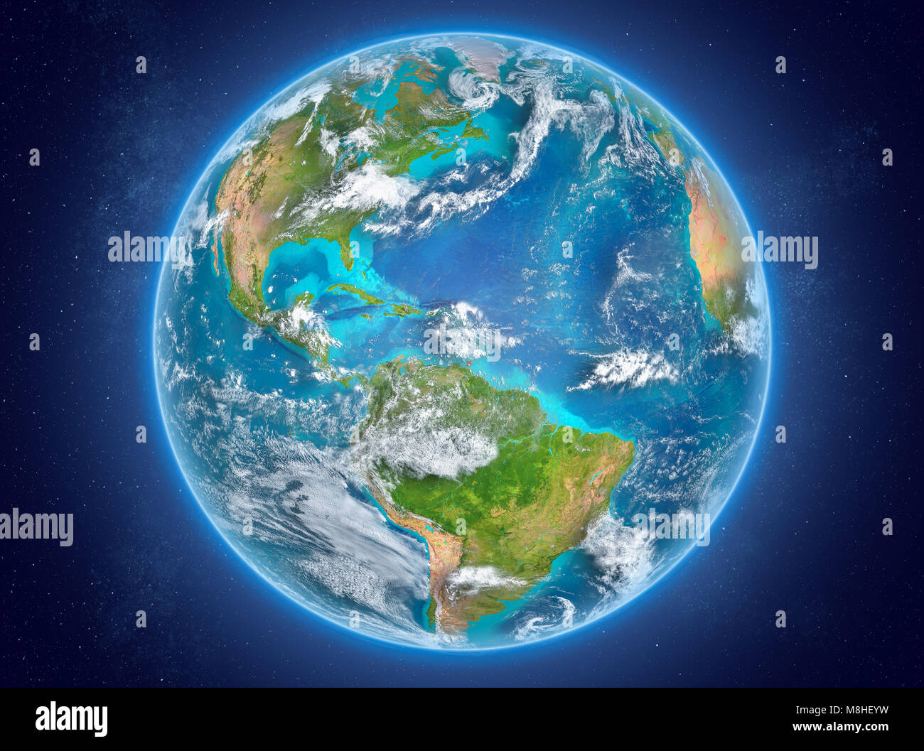 Caraïbes en rouge sur le modèle de la planète Terre avec des nuages et l'atmosphère dans l'espace. 3D illustration. Éléments de cette image fournie par la NASA. Banque D'Images