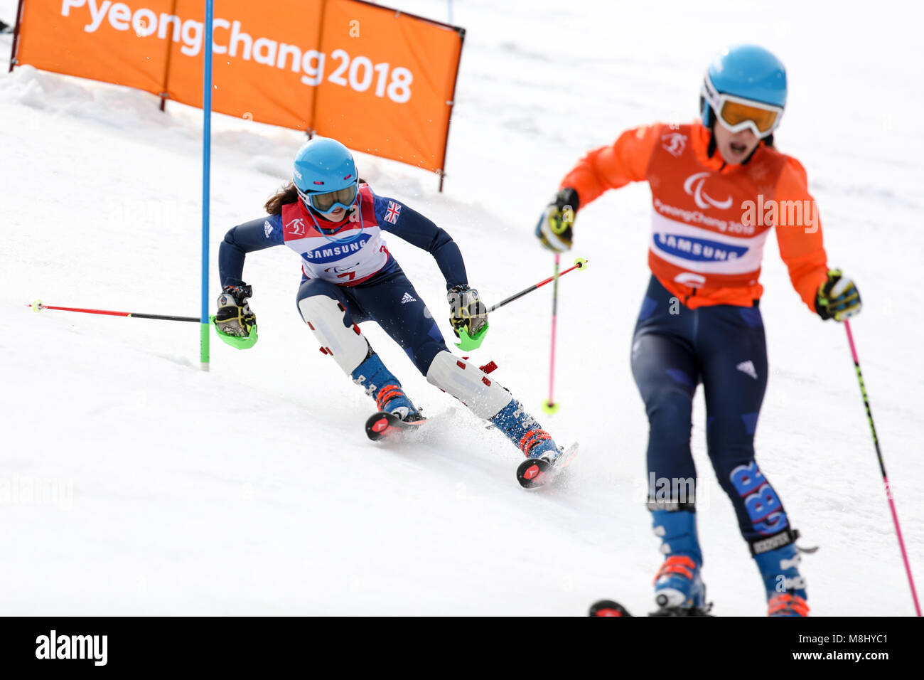 PyeongChang 18 mars . Slalom femmes. Team FR - FITZPATRICK Menna, Guide : KEHOE Jennifer Crédit : Marco Ciccolella/Alamy Live News Banque D'Images