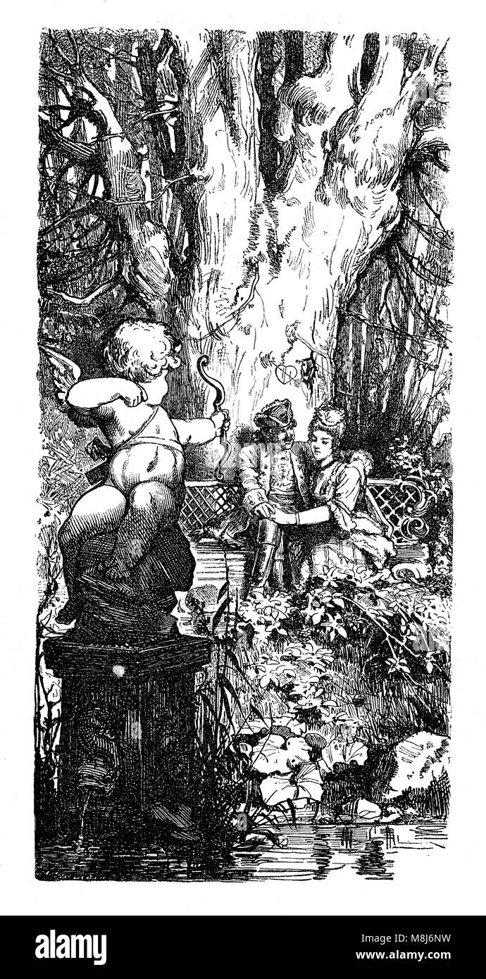 À courtiser le parc, flèche de Cupidon : couple assis en face de la statue de Cupidon près d'un tronc d'arbre avec coeur sculpté sur elle Banque D'Images