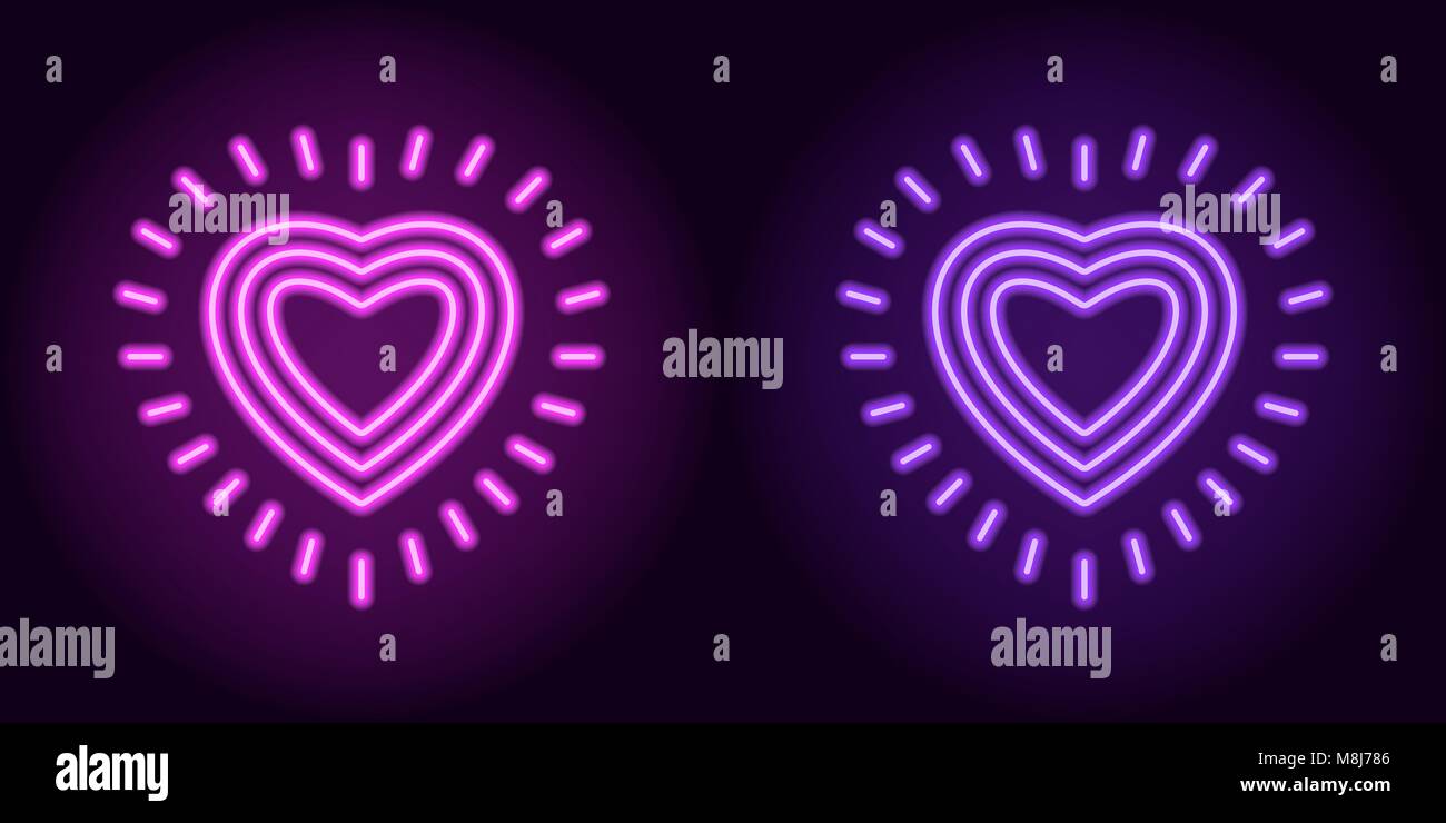 Néon violet pourpre et le coeur avec des rayons. Silhouette Vecteur de néon coeur composé de trois lignes et entouré d'étincelles, avec rétro-éclairage sur la d Illustration de Vecteur