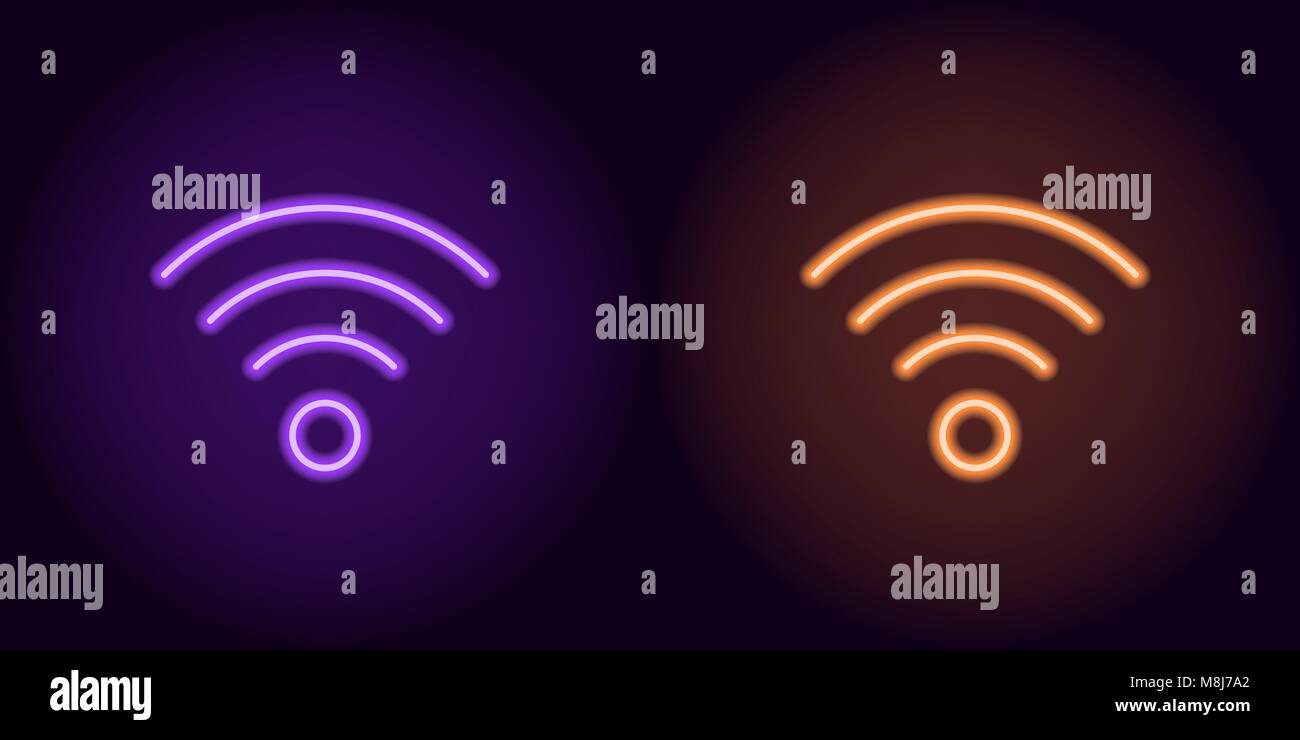 Néon violet et orange wi-fi signe. Silhouette vecteur du néon, wi-fi zone composée de lignes, avec rétro-éclairage de l'arrière-plan noir Illustration de Vecteur