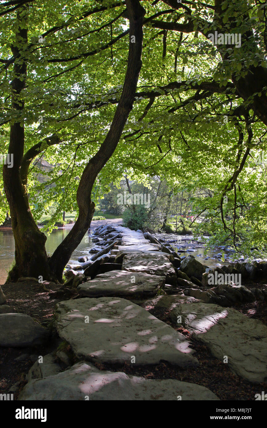 Tarr Étapes clapper médiévale pont traversant la rivière Barle au Parc National d'Exmoor, Somerset, sur un beau matin d'été Banque D'Images