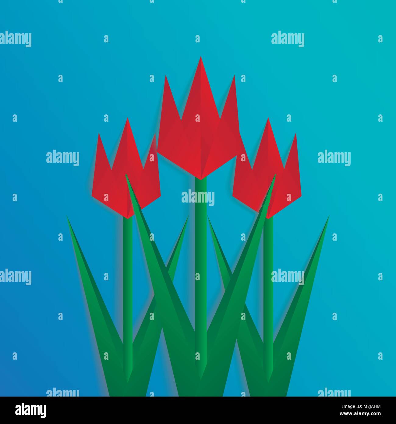 Trois tulipes coupe papier sur fond bleu, collage avec ombres, modèle de carte de voeux poster Illustration de Vecteur