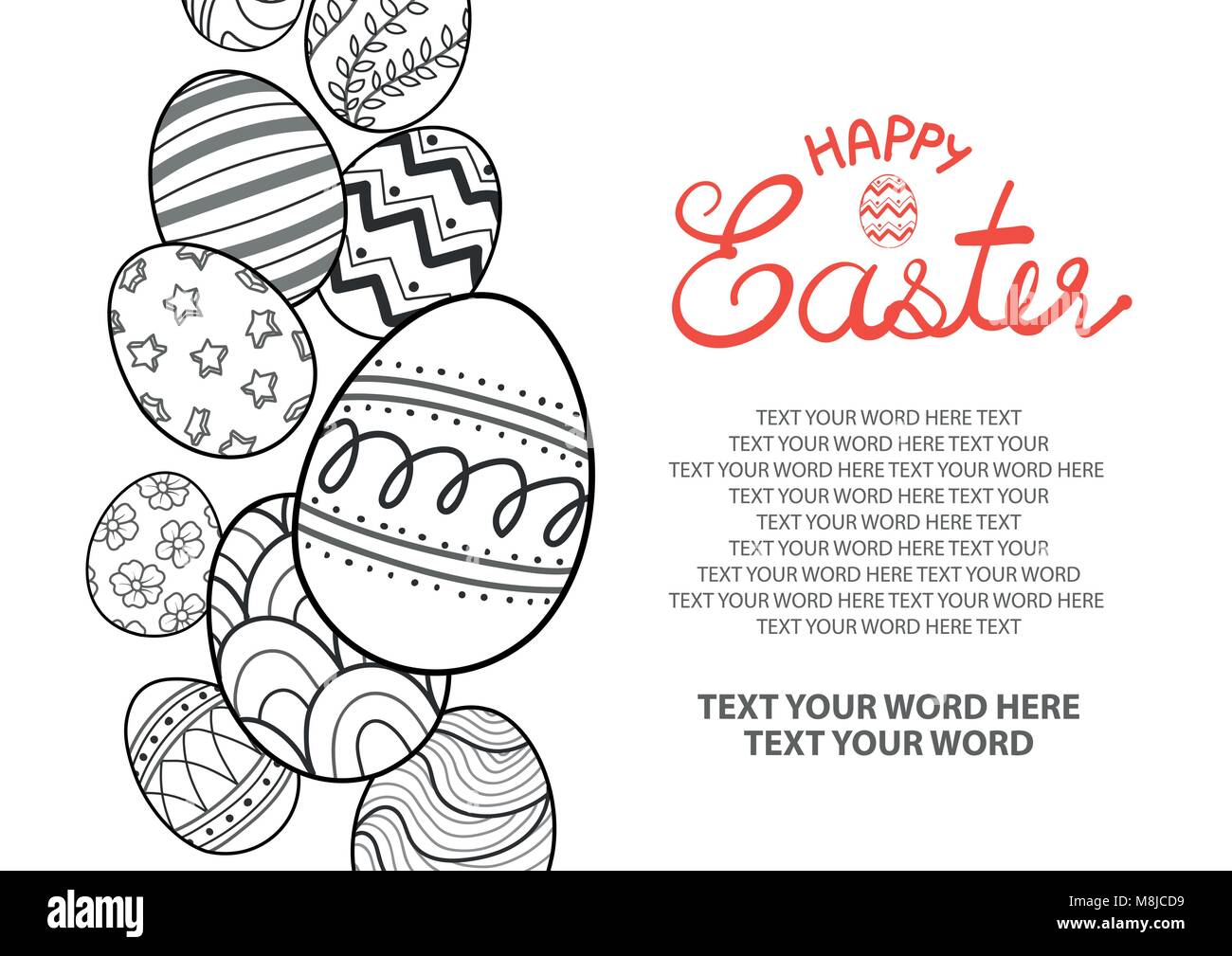 Oeufs de Pâques en contour noir propagation dans la partie gauche de l'image avec l'emplacement pour un texte sur fond blanc. Affiche ou de la conception de cartes pour Pâques festival en vecto Illustration de Vecteur