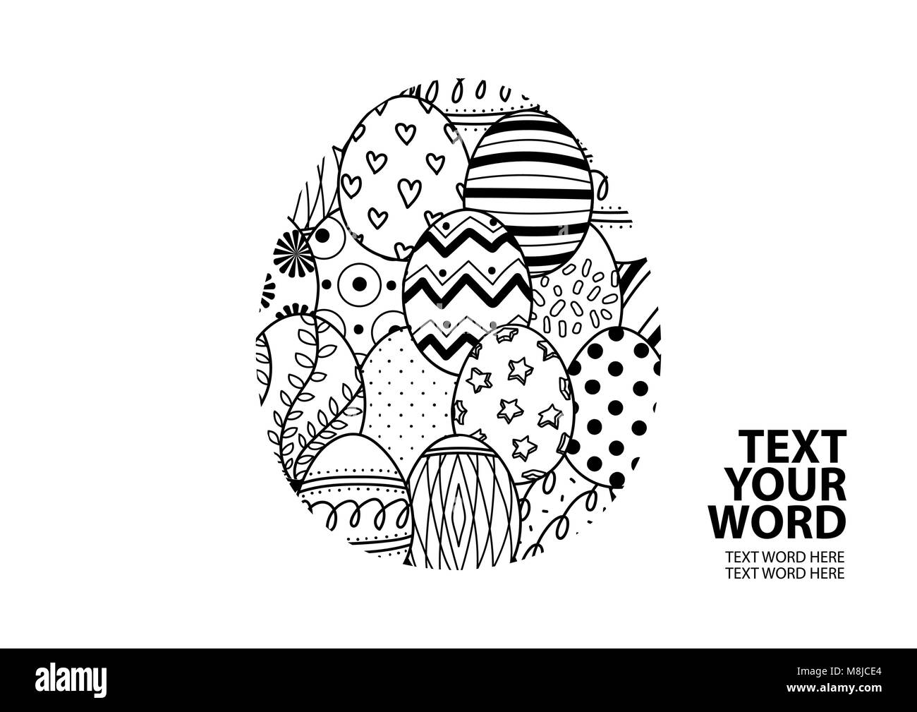 Oeufs de Pâques en mignon contour noir se rassembler dans le grand espace avec des oeufs pour le texte sur fond blanc. Poster horizontale ou la conception de cartes de fête de Pâques Illustration de Vecteur