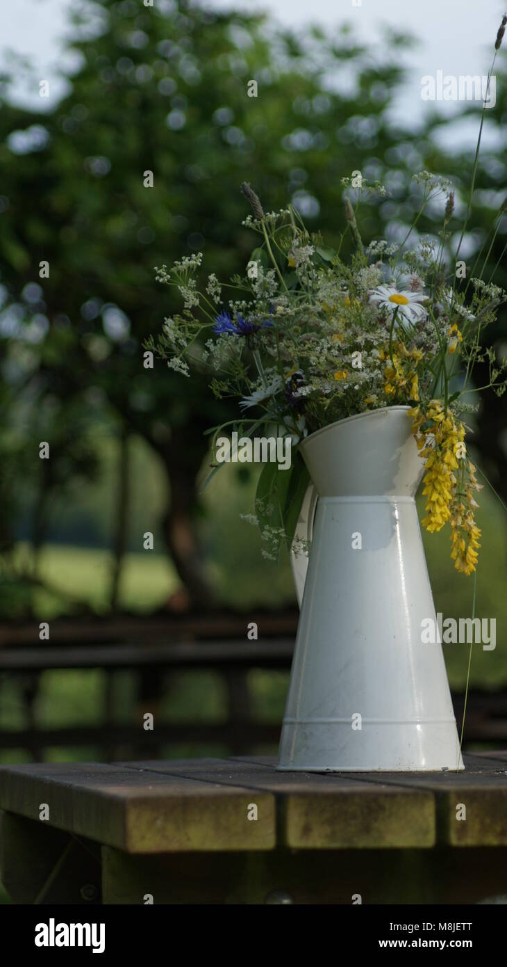 Bouquet de fleurs sauvages dans un pot à lait émaillé Banque D'Images