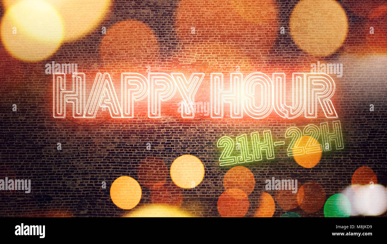 Happy Hour en néon monté sur mur de brique, rendu 3d illustration conceptuelle Banque D'Images