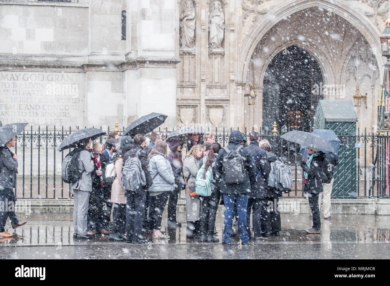 Un des St Patrick's day le matin du 17 mars 2018 lorsqu'une tempête est descendu à Westminster, Londres, Angleterre. Banque D'Images