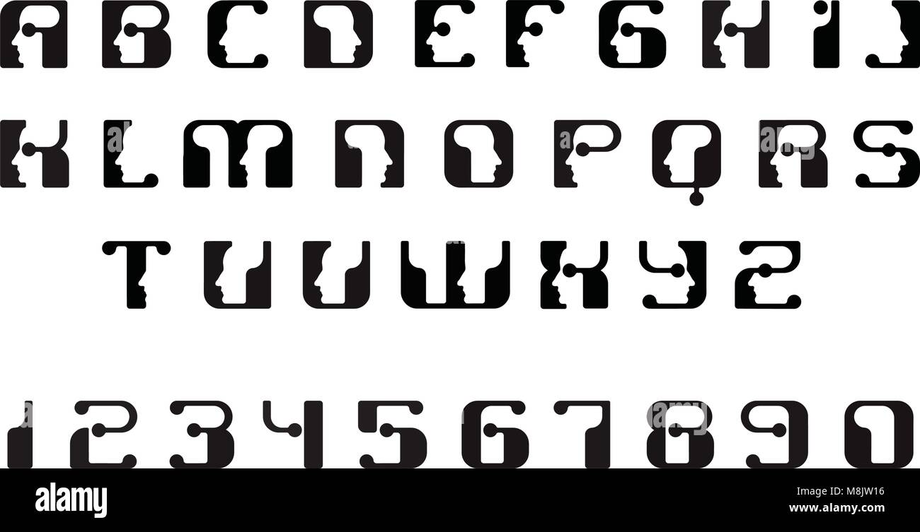 Anglais font des lettres majuscules. Logo - les visages humains de cyborg robots, pour la science, thème de l'ordinateur etc, style rétro. Illustration de Vecteur