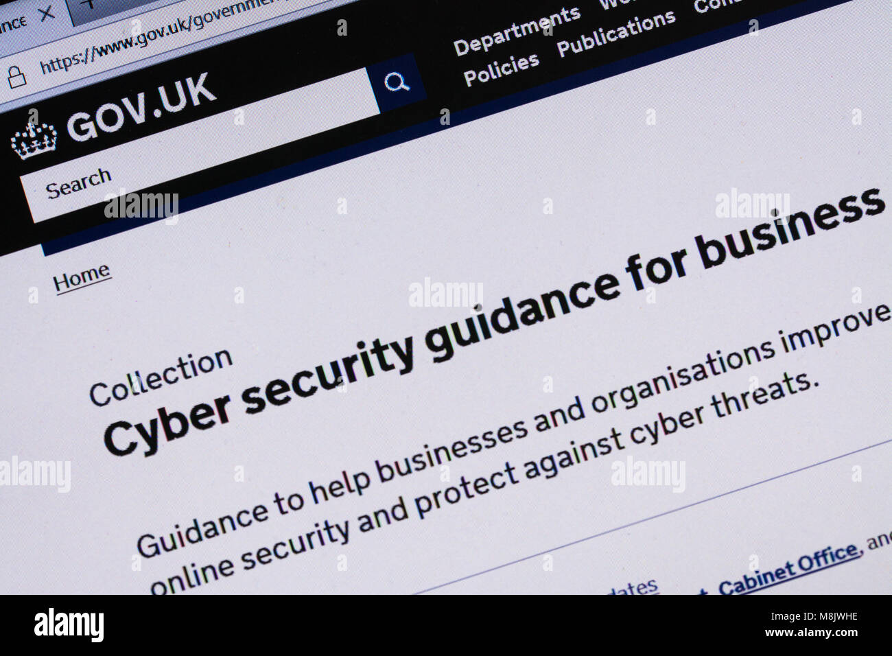 Capture d'écran de l'ordinateur affichant les informations à propos de la cybersécurité sur gov.uk website Banque D'Images