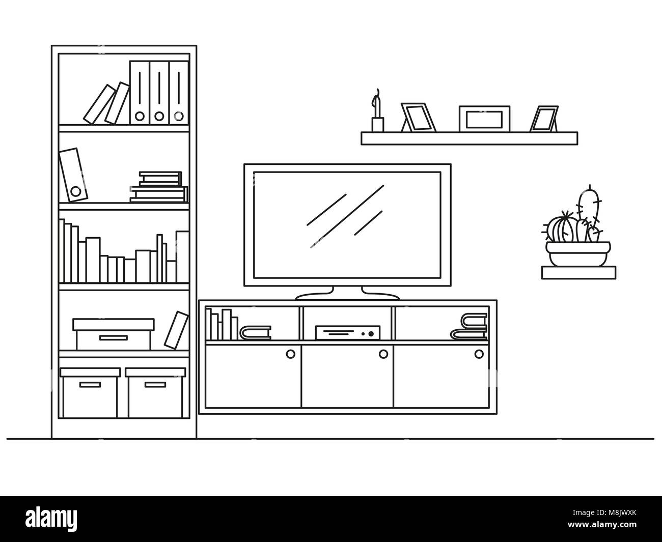 Dessin linéaire de l'intérieur. Une bibliothèque, une commode avec une télévision et des étagères. Vector illustration Illustration de Vecteur