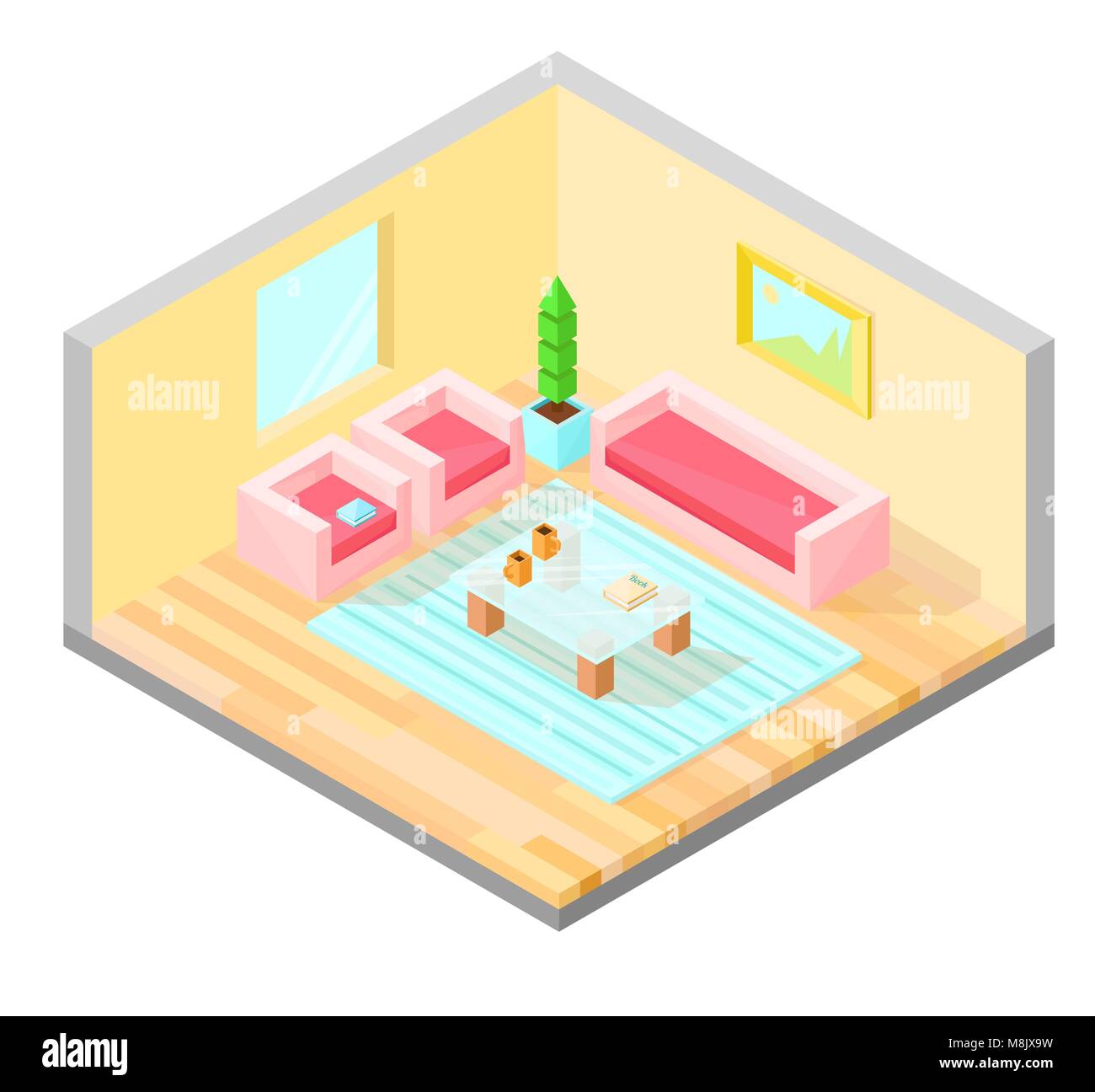 Salle de séjour avec table de conception isométrique, Fauteuil, canapé, installations, peinture, et tapis. Vector illustration. Illustration de Vecteur