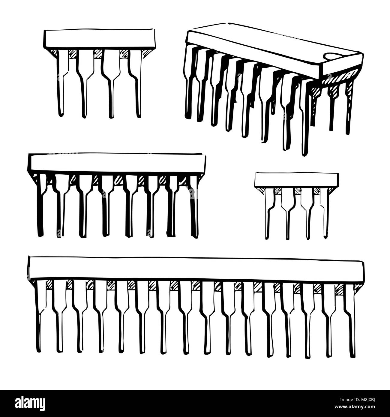 Microcontrôleur, composant électronique isolé sur fond blanc. Vector illustration dans un style croquis. Illustration de Vecteur