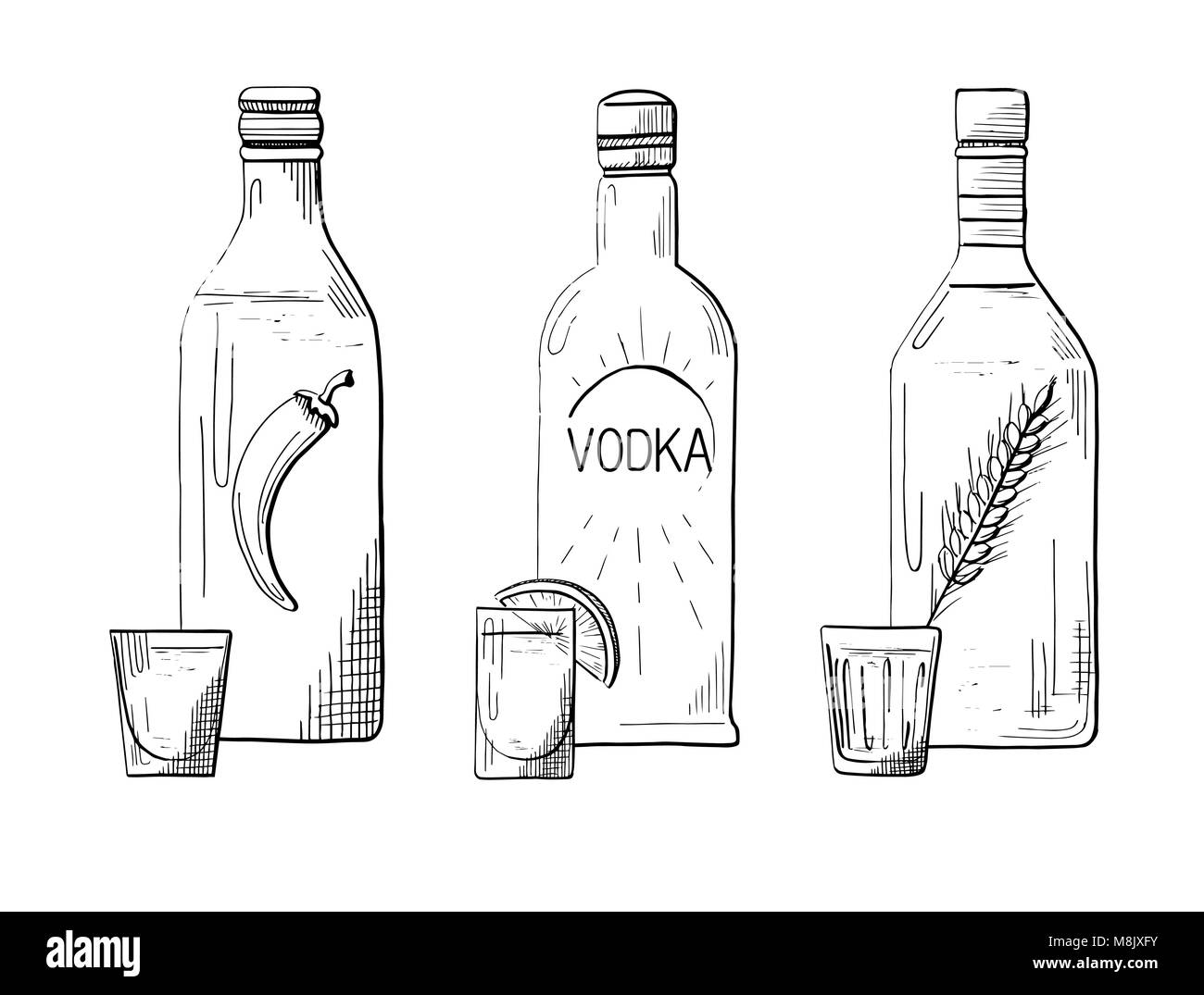 Sketch trois bouteilles de vodka. Le poivre, classique et le blé. Vector illustration Illustration de Vecteur