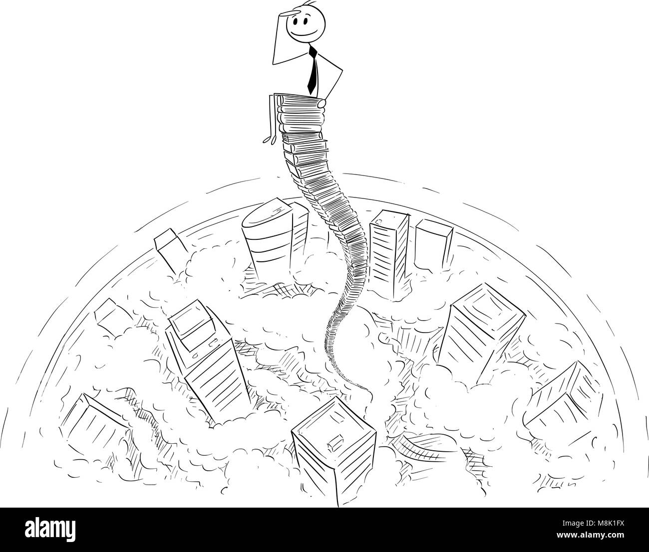 Caricature de Businessman Sitting on Sky High pile de dossiers de bureau Illustration de Vecteur