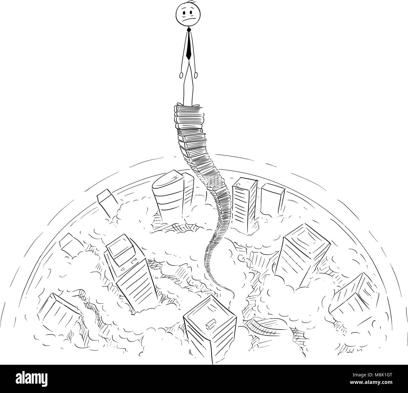 Caricature de Businessman frustré sur Sky High pile de dossiers de bureau Illustration de Vecteur