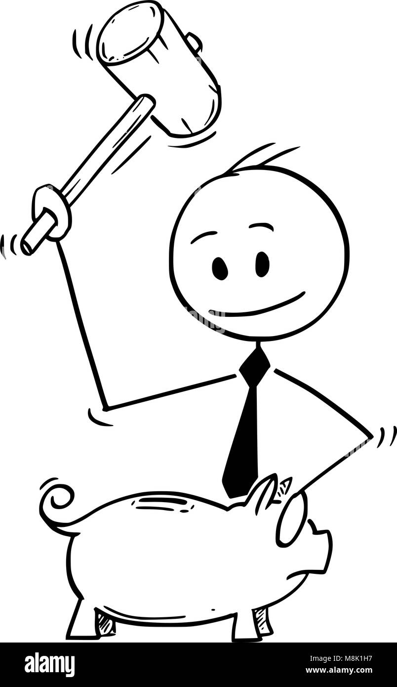 Caricature de Businessman Breaking Piggy Bank with Hammer Illustration de Vecteur