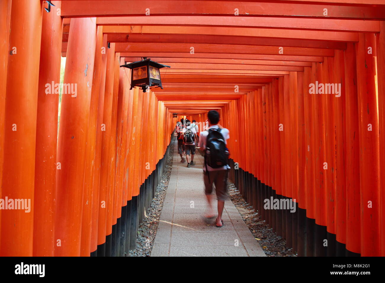 Les touristes visitant les milliers de portes torii vermillon au Sanctuaire Fushimi Inari, Kyoto, Japon. Sanctuaire Fushimi Inari est le chef de culte d'Inari. Banque D'Images