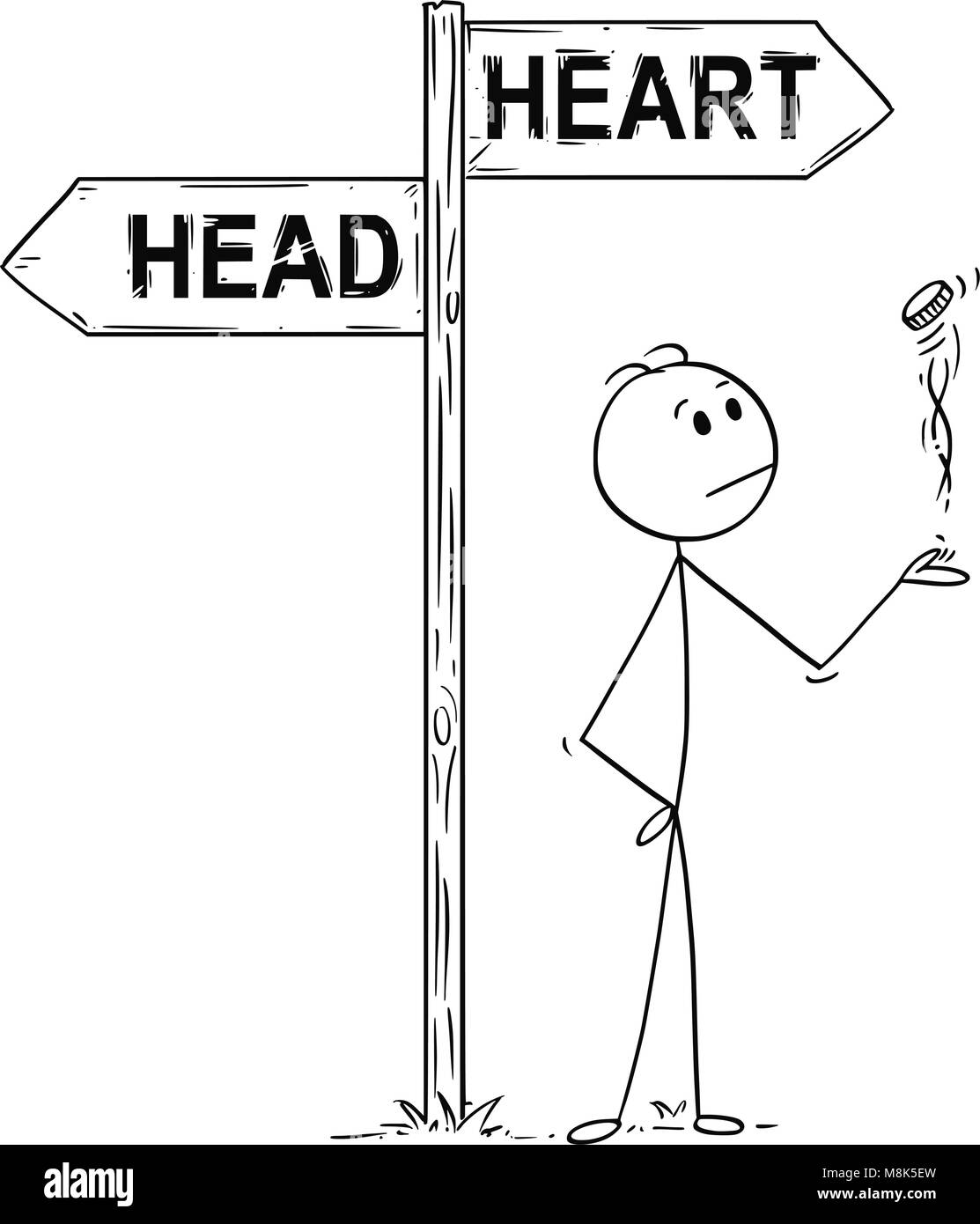 Caricature de l'homme ou de décision par tirage au sort sous la tête ou Cœur Flèches Illustration de Vecteur