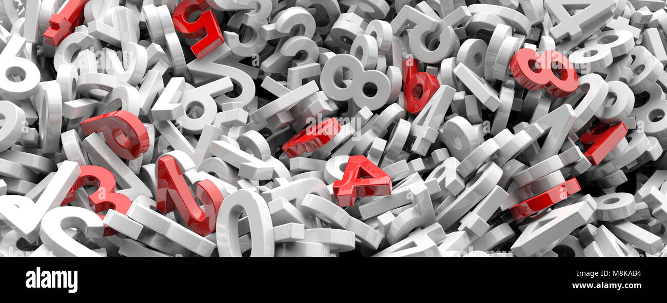 L'éducation, mathématiques, calcul concept. Parmi les numéros de figures rouges chiffres blancs, historique complet, la bannière. 3d illustration Banque D'Images