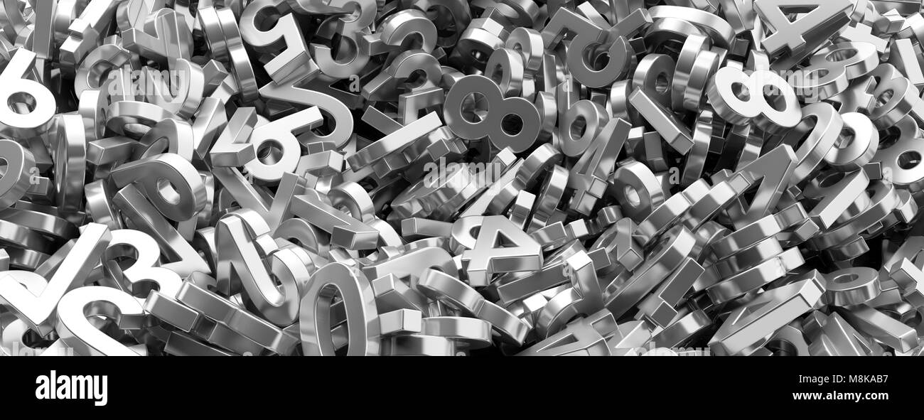 L'éducation, mathématiques, calcul concept. Les numéros de figures d'argent métal bande fond, bannière. 3d illustration Banque D'Images