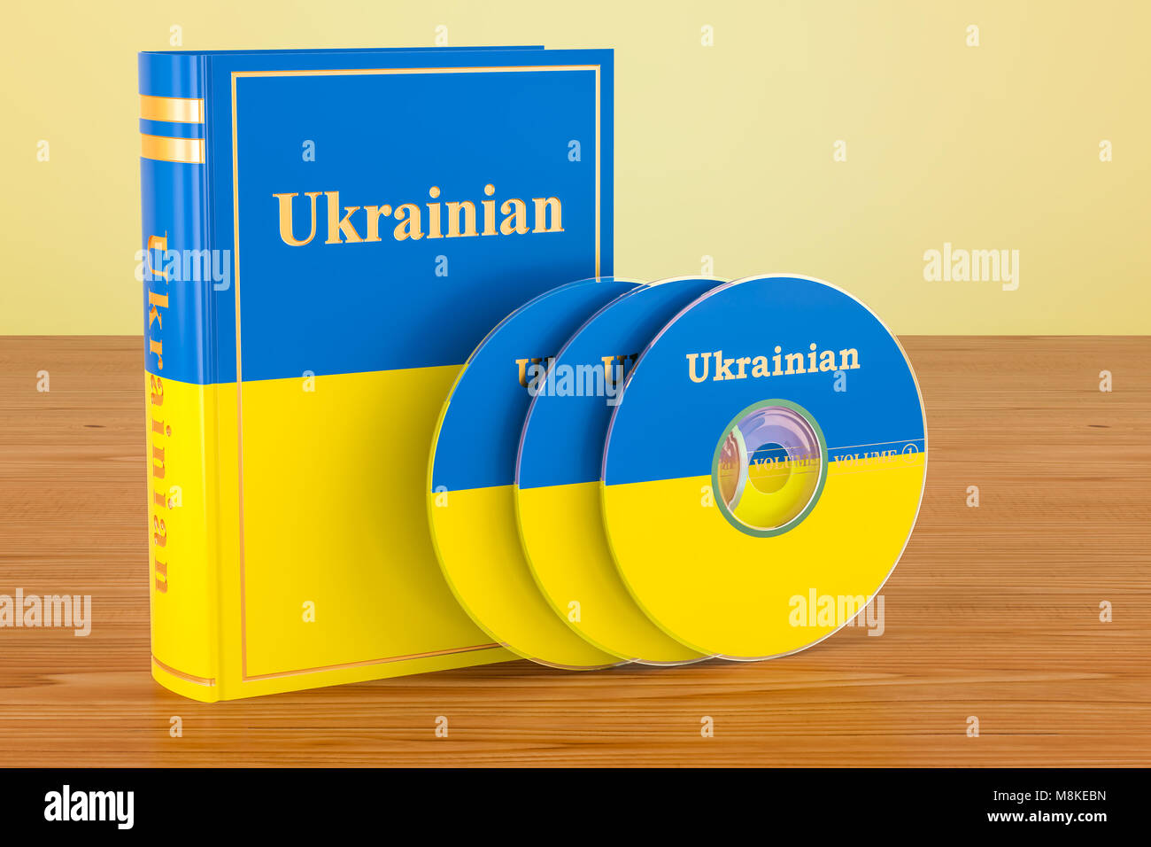Manuel de langue ukrainienne avec le drapeau de l'Ukraine et des CD sur la table en bois. Le rendu 3D Banque D'Images