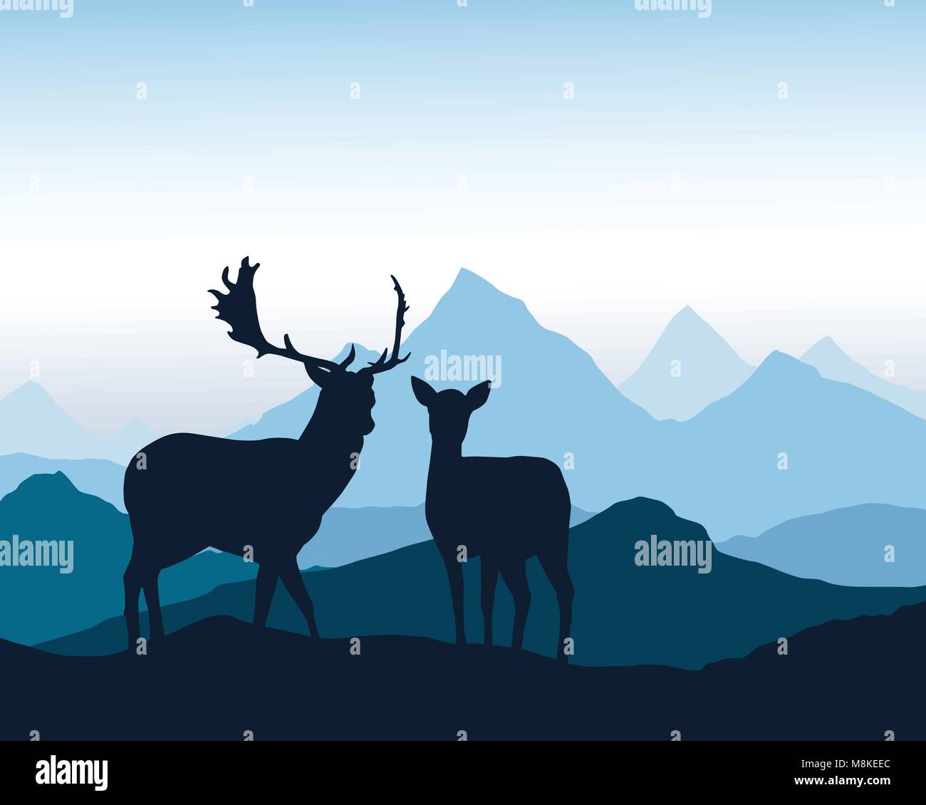 Cerfs et hind debout sur rock en paysage de montagne sous ciel du matin bleu - vector Illustration de Vecteur