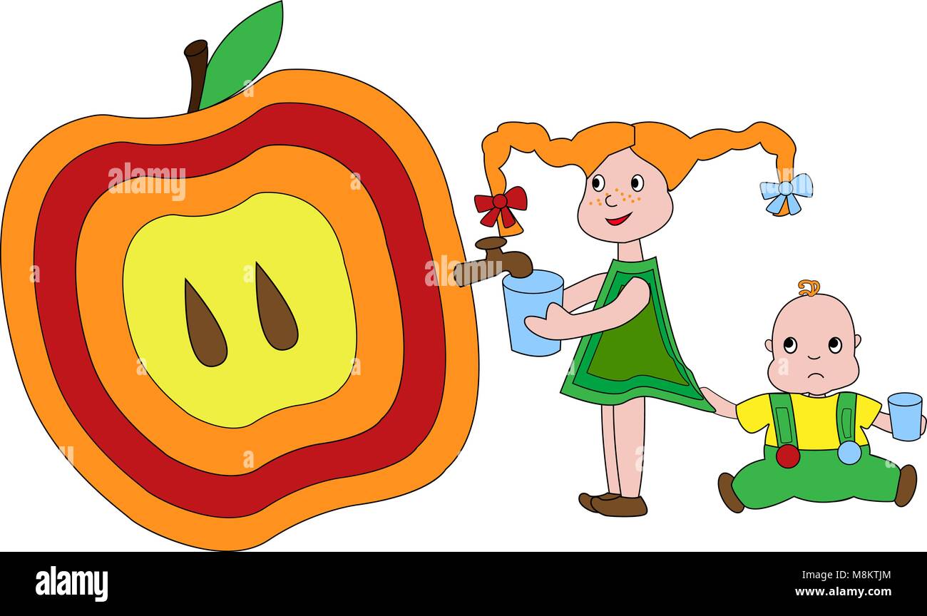 Petite fille l'obtention d'un jus de big apple pour son petit frère. Apple  avec un robinet Image Vectorielle Stock - Alamy