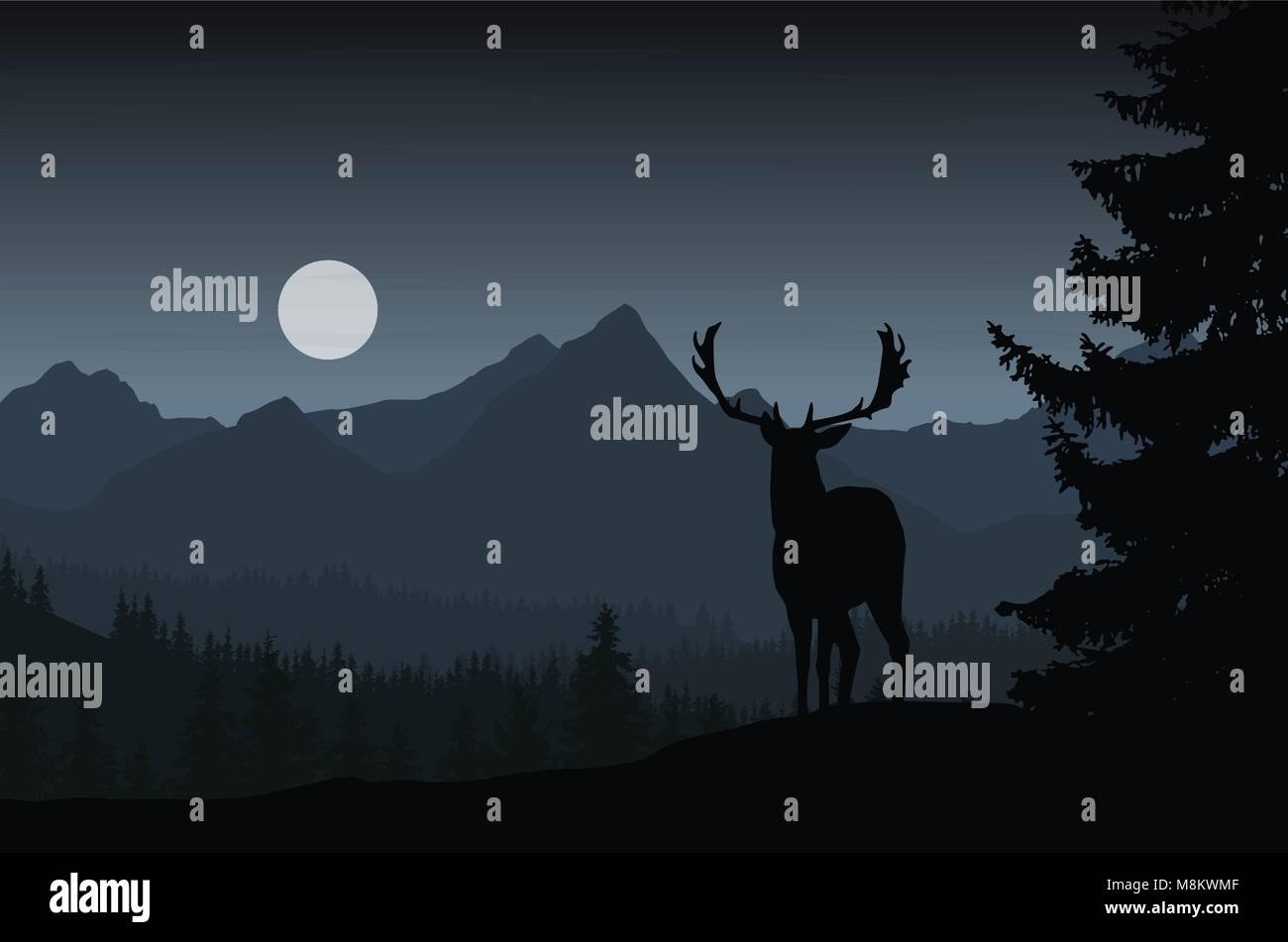 Cerfs dans paysage de nuit avec forêt et montagnes sous le ciel sombre avec les nuages et la lune - vector Illustration de Vecteur