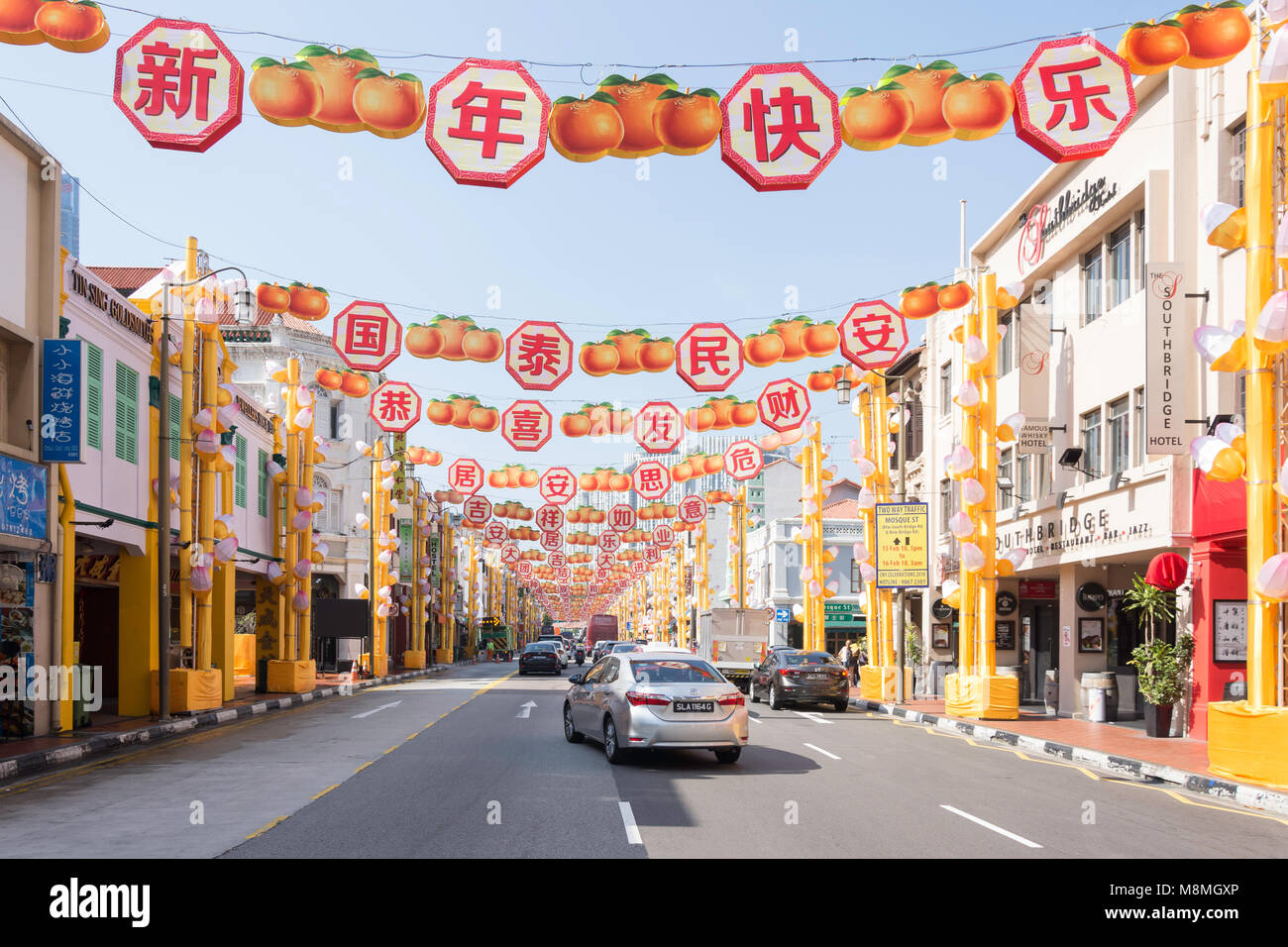 Décorations du Nouvel An chinois sur North Bridge Road, Chinatown, District de Outram, Secteur Central, l'île de Pulau Ujong (Singapour), Singapour Banque D'Images