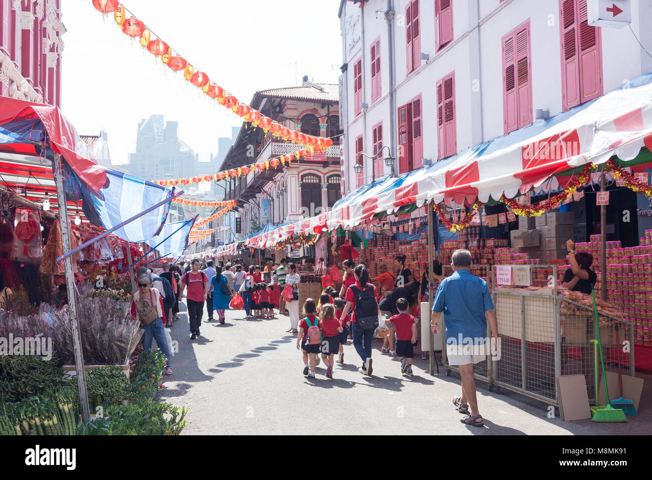 Boutiques et restaurants sur la rue Temple Street, Chinatown, District de Outram, Secteur Central, l'île de Pulau Ujong (Singapour), Singapour Banque D'Images