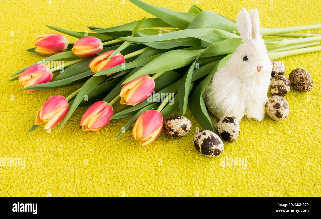 Bouquet de tulipes jaunes et roses avec lapin de Pâques et les oeufs de pâques. Banque D'Images