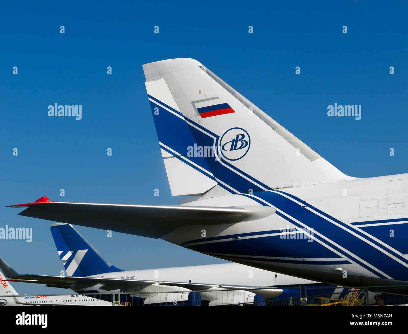 Aile arrière d'un avion russe Antonov An-124-100, Jet Aviation International à Volga-Dnepr Salon Espace MAKS à Moscou, ZHUKOWSKY - août 17 Banque D'Images