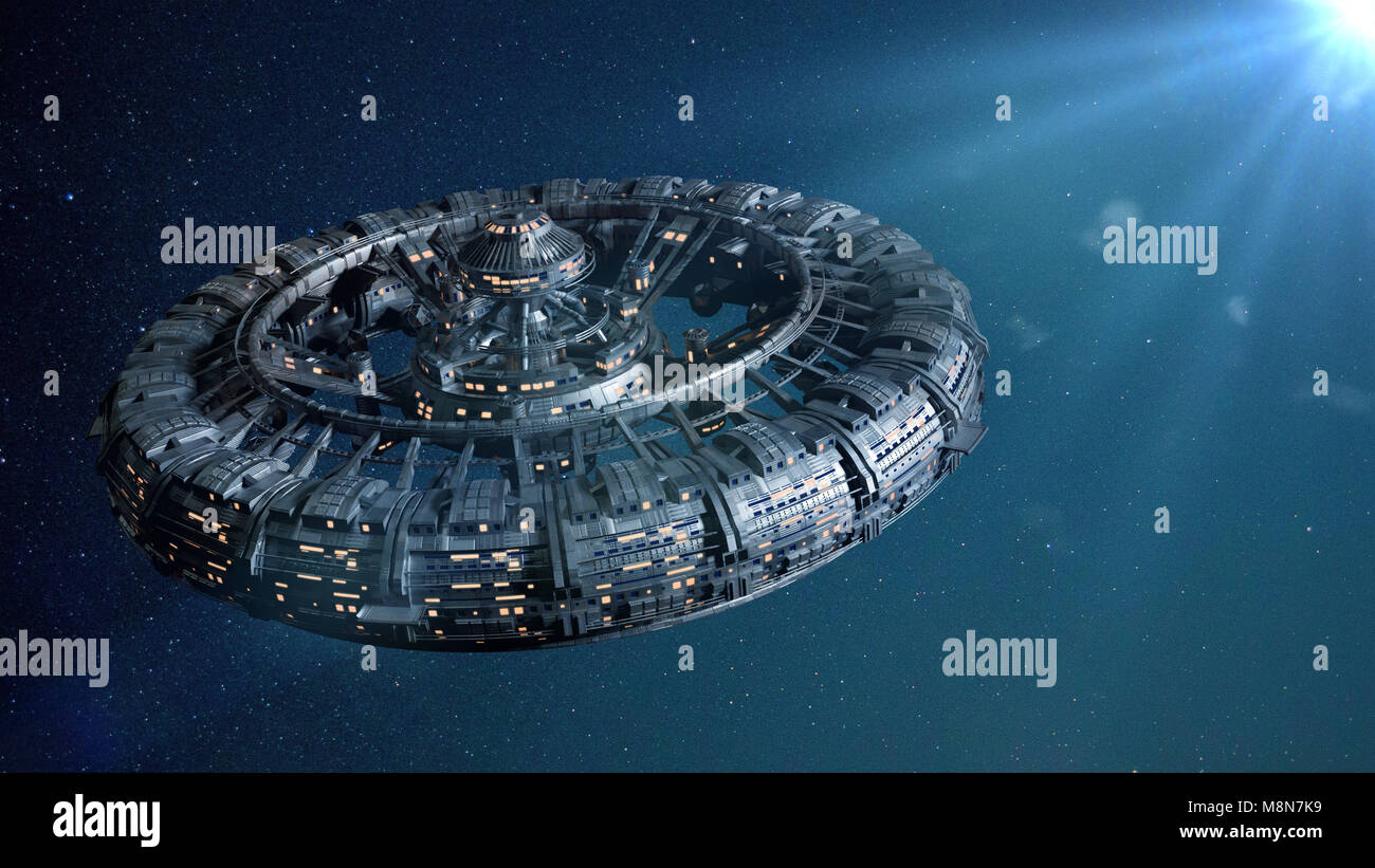 La station de l'espace éclairé par une étoile brillante (3d illustration de la science-fiction) Banque D'Images