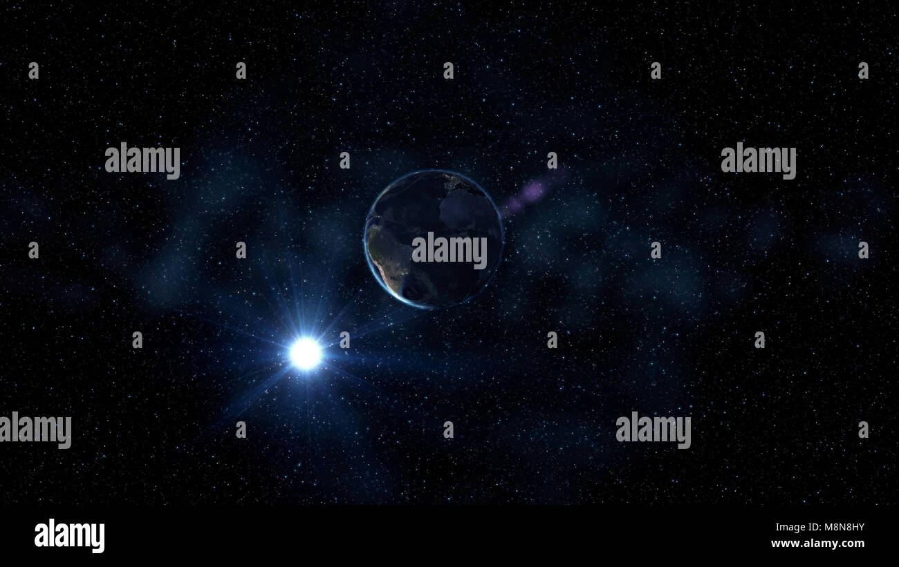 Lever du soleil Vue de l'espace sur la planète Terre. Monde tourner sur son axe entre les étoiles. Rendu 3D très détaillés. Éléments de cette image fournie par la NASA Banque D'Images