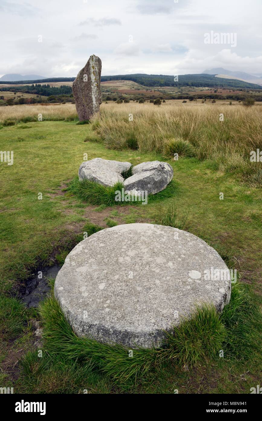 Machrie Moor cercles de pierre préhistoriques. Ile d'Arran, en Écosse. 2 cercle de l'année 4000  + site. 2 pierres améliorée comme meules Banque D'Images