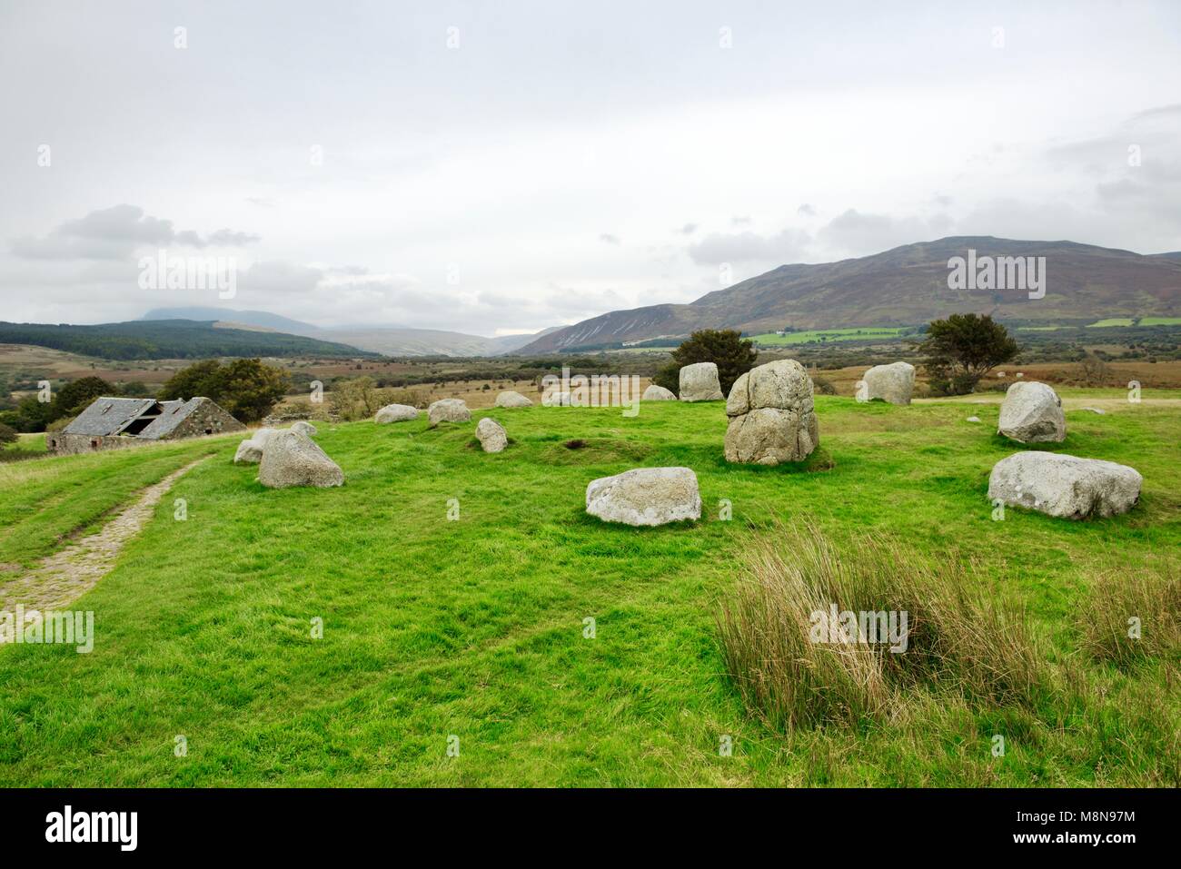 Machrie Moor cercles de pierre préhistoriques. Ile d'Arran, en Écosse. Circle 5. Le siège de Fingal vasque double anneaux en granit. 4000 +ans Banque D'Images