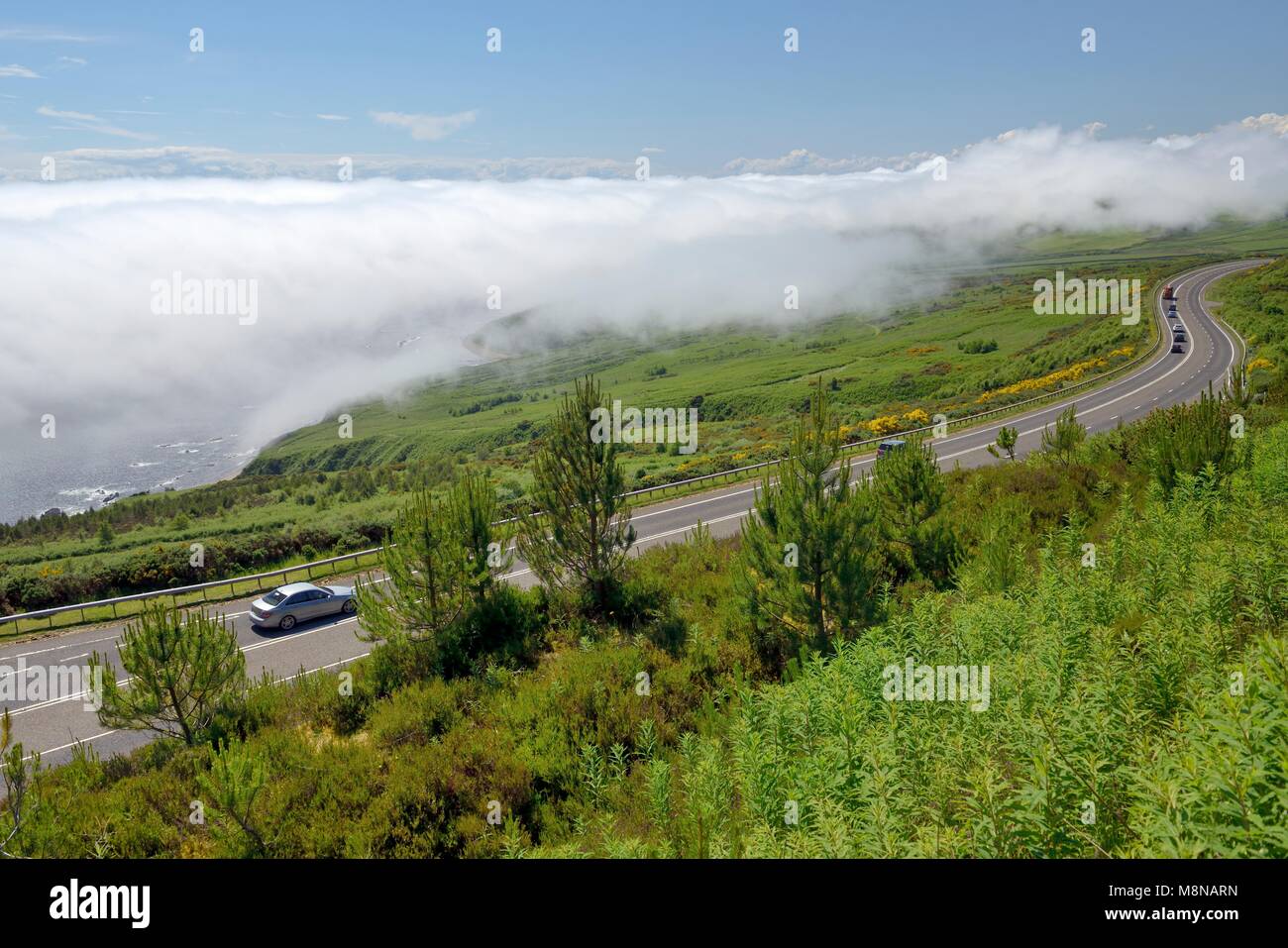 Haar fret mer froid brouillard nuages statiques sur A9 2 Km N. de Helmsdale, Sutherland, Scotland. Lorsque de l'air en été chaud typique passe au-dessus de la mer du Nord froid Banque D'Images