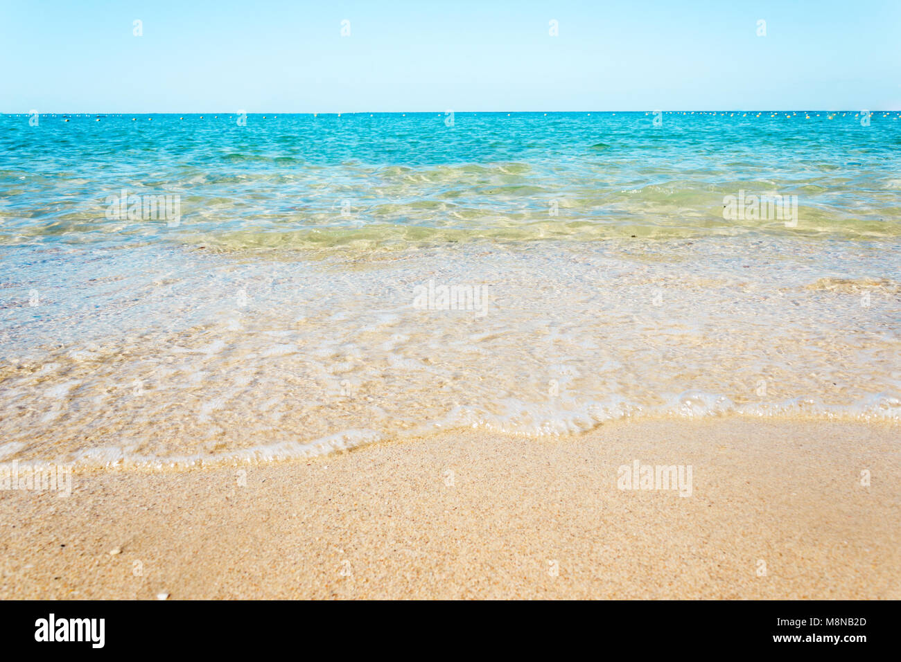 Vagues douces avec mousse de bleu océan sur la plage de sable Banque D'Images
