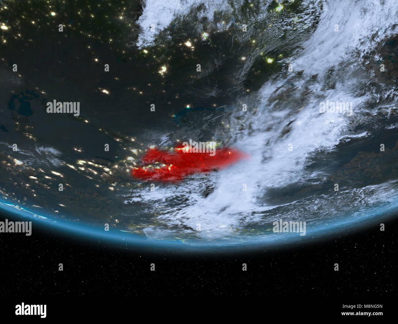 Kirghizistan la nuit surligné en rouge sur la planète Terre avec des nuages. 3D illustration. Éléments de cette image fournie par la NASA. Banque D'Images