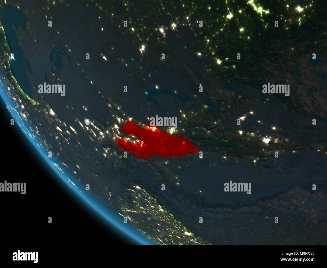 Le Kirghizistan à partir de l'orbite de la planète Terre de nuit avec des textures très détaillées. 3D illustration. Éléments de cette image fournie par la NASA. Banque D'Images