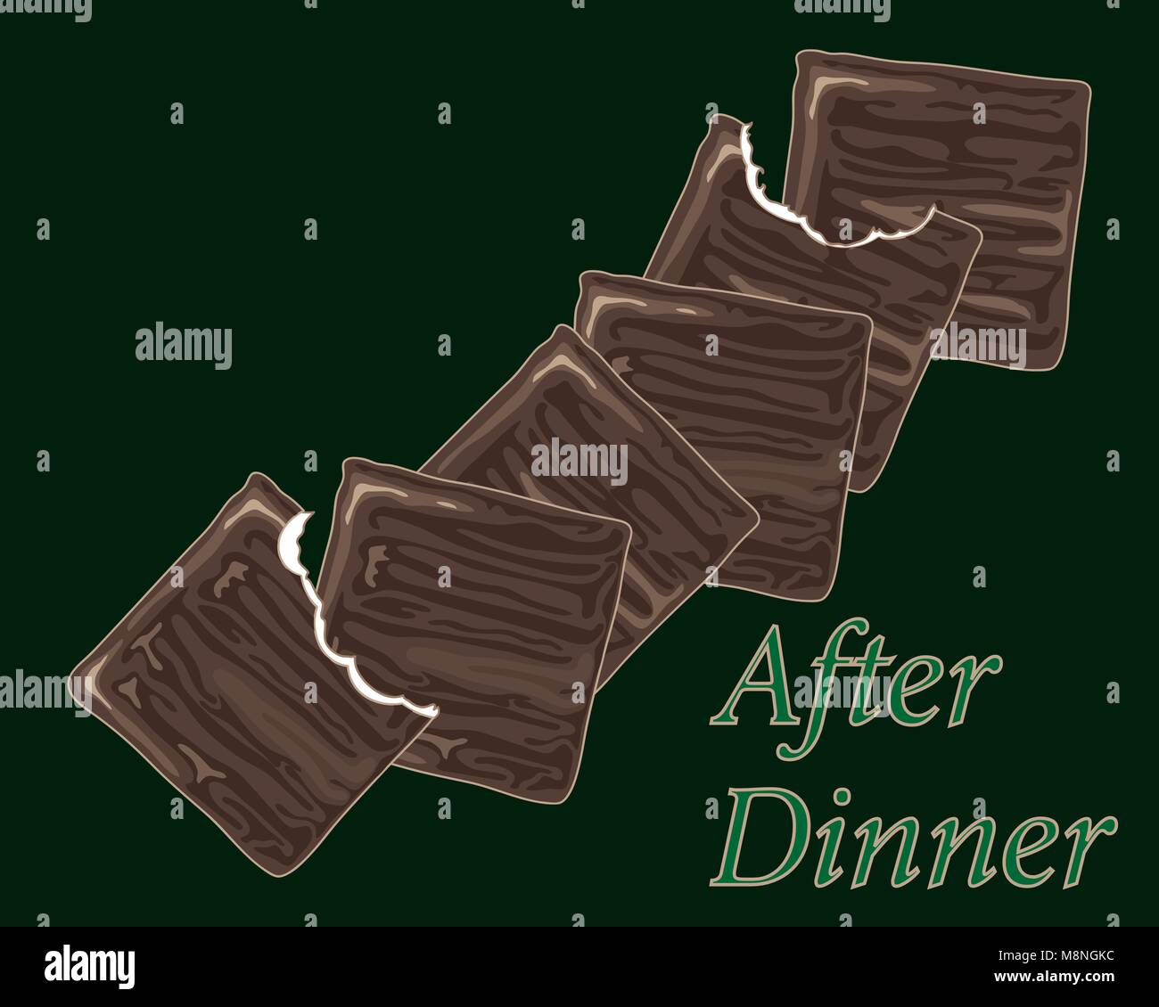 Un vecteur illustration en format eps 8 de chocolat traditionnel après le dîner, les menthes minces en les piquant sur un fond vert foncé Illustration de Vecteur