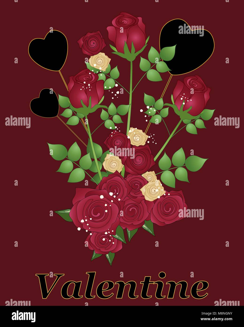 Un vecteur illustration en format eps 10 un bouquet de Saint-Valentin avec roses rouges et noires cœurs dans un format de carte de vœux Illustration de Vecteur