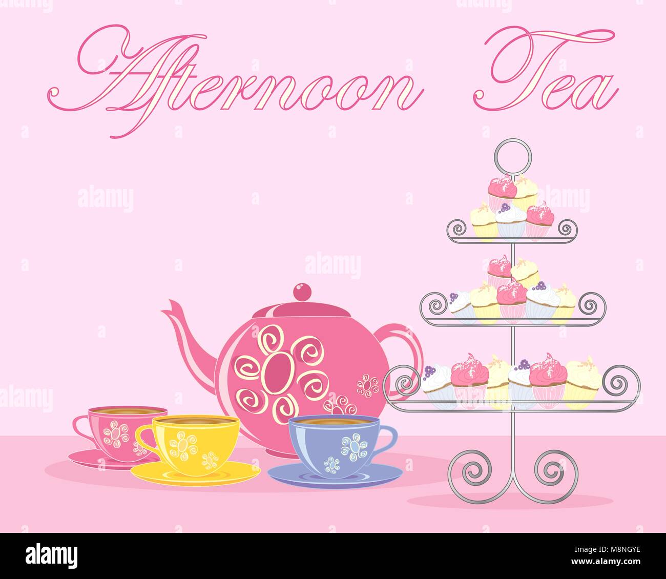 Un vecteur illustration en eps 10 format d'un thé anglais traditionnel l'après-midi à l'annonce format avec théière et tasse fancy cake stand Illustration de Vecteur